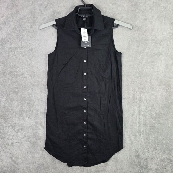 Womens Saks Fifth Avenue Black Sleeveless Linen-Blend Shirt Dress Button Up XS - Picture 2 of 8
